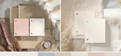 (left) light pink and white paint chips on top of wood, surrounded by feathers (right) cream paint chips on top of furry white fabrics.