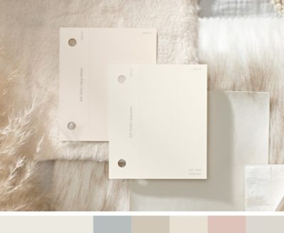 (right) cream paint chips on top of furry white fabrics.