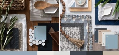 (left) light blue paint chip laid out on a table with different textiles, a fresh herb, and wooden spoon (right) blue and cream paint chips on a table with woven placemats and napkins and other wooden decor.