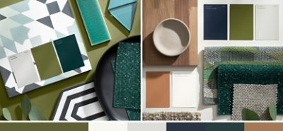 (left) Grey, green, and blue paint chips near similar hued geometric designs (right) same color scheme as the left paint chips, with more textures.