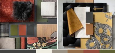 (left) green, orange, and black color chips laid out near materials and fabrics of a similar palette (right) brown and black color chips on some glossy and linen fabrics.