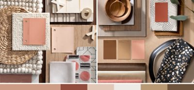 (left) pink paint chips on top of a wooden table near wicker and other fabrics (right) brown and pink paint chips near warm textures.