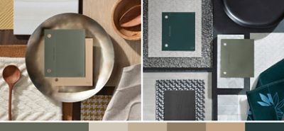 (left) green and brown paint chips inside of a bronze bowl with other warm tones (right) green paint chips paired with dark grey textures.