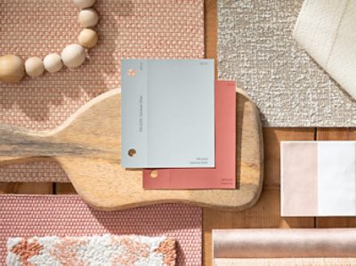 (left) pink and silver paint chips on top of wood with other textures.