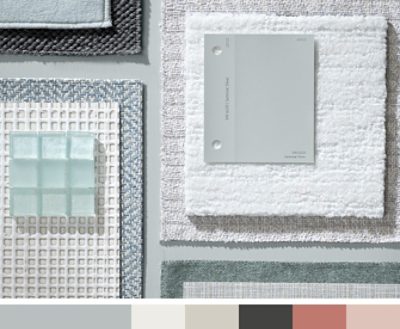 (right) silver paint chip on top of a variety of cool toned fabrics.