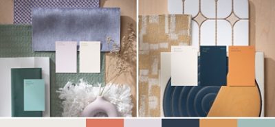(left) lavender and blue paint chips on top of similar hued fabrics (right) orange, blue, and white paint chips on top of complimentary tiles.