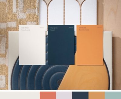 (right) orange, blue, and white paint chips on top of complimentary tiles.