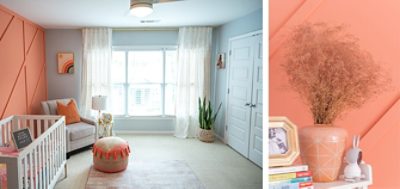Full room shot and close-up of decor in modern nursery with salmon-colored board and batten accent wall, white crib, and corner armchair with tasseled pouf.