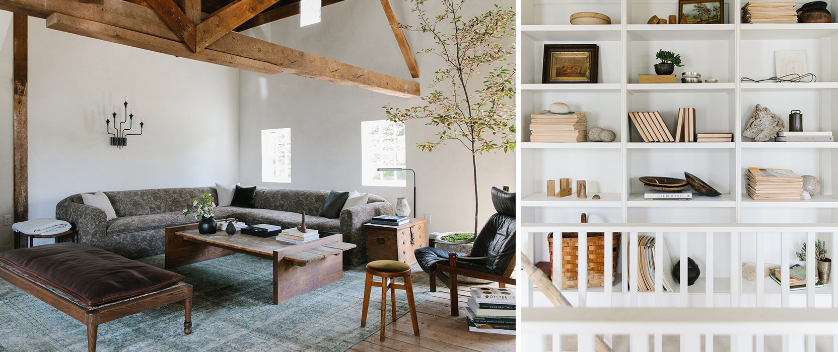 Left image: Spacious great room with high ceilings, exposed wood beams, white walls and modern rustic furnishings. Right image: White built-in shelving filled with books and decor.