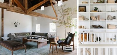 Left image: Spacious great room with high ceilings, exposed wood beams, white walls and modern rustic furnishings. Right image: White built-in shelving filled with books and decor.