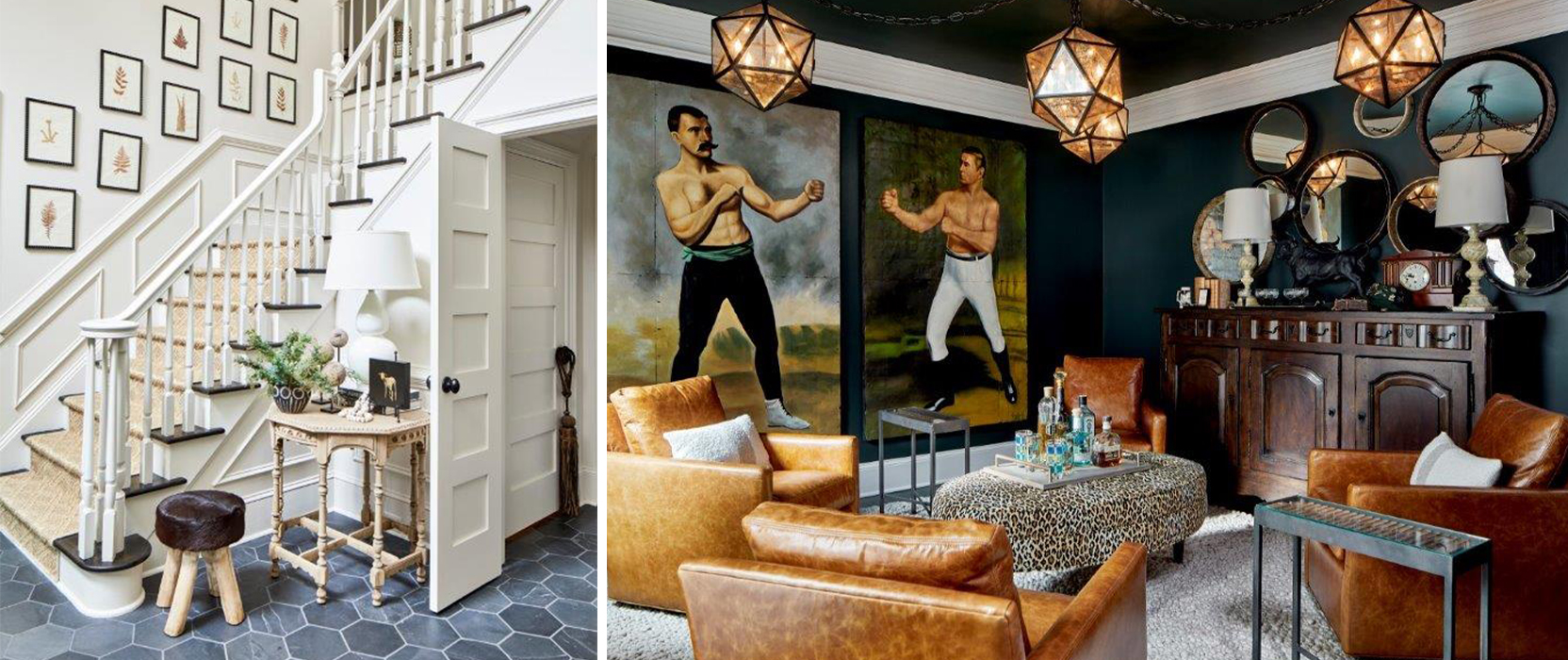 Left image: Stairwell in entryway painted white with black treads, framed art on the wall and hexagonal tiled flooring. Right image: Sitting area in residence with four leather armchairs arranged around an animal-print circular ottoman topped with a tray of liquor bottles and oversize paintings of boxers on dark painted walls.