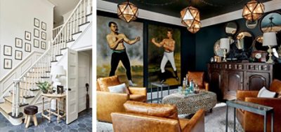 Left image: Stairwell in entryway painted white with black treads, framed art on the wall and hexagonal tiled flooring. Right image: Sitting area in residence with four leather armchairs arranged around an animal-print circular ottoman topped with a tray of liquor bottles and oversize paintings of boxers on dark painted walls.