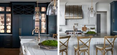 Modern kitchen with white and deep blue painted shaker cabinets, white marble countertops, lighted display shelving and farmhouse-style wood crossback chairs.