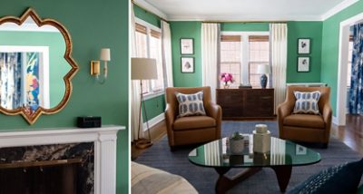 Living room with green walls, tan leather armchairs, a glass coffee table, and a white fireplace with a clover-shaped mirror above it.