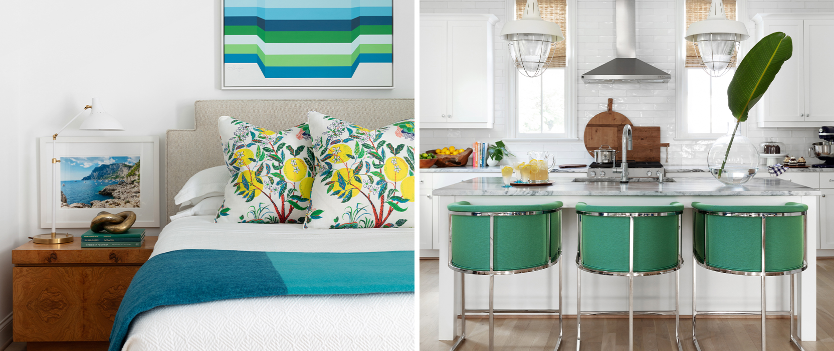 Left image: Bedroom with tropical blue accents, botanical printed throw pillows, and vintage style wood nightstand. Right image: White kitchen with teal accent chairs at kitchen island.
