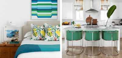 Left image: Bedroom with tropical blue accents, botanical printed throw pillows, and vintage style wood nightstand. Right image: White kitchen with teal accent chairs at kitchen island.