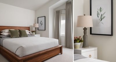 A modern bedroom with a wooden bed, white and gray bedding, green pillows, a white nightstand with a lamp, and botanical artwork.