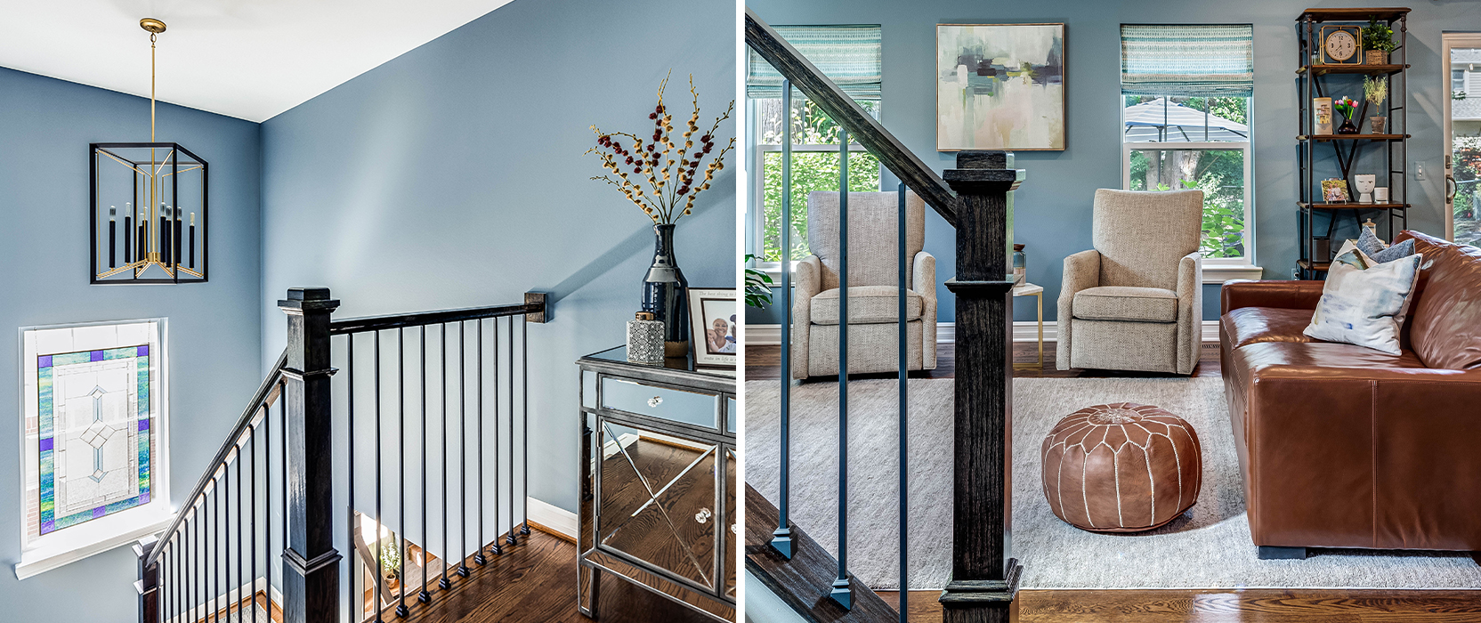 Left image: Stairwell with blue painted walls and stained glass window on landing. Right image: Living room photo taken from bottom of stairs, with leather couch and pouf, twin armchairs and light blue walls.