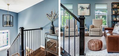 Left image: Stairwell with blue painted walls and stained glass window on landing. Right image: Living room photo taken from bottom of stairs, with leather couch and pouf, twin armchairs and light blue walls.