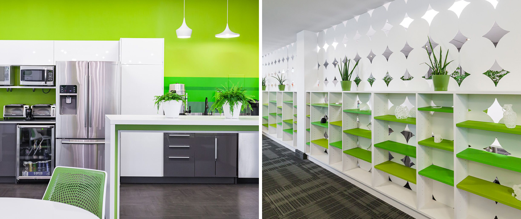 Vivid green walls and shelving in communal kitchen and display area with bright white cabinetry and stainless steel appliances.