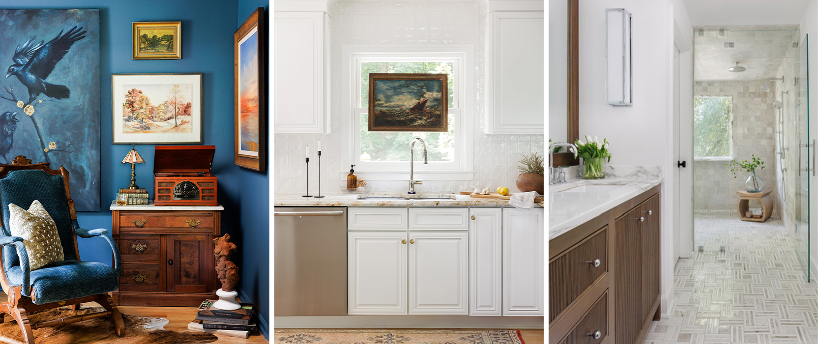 Left image: Corner of eclectic design room with bold blue walls, antique upholstered chair, tabletop record player and unique art and accessories. Center image: Kitchen sink with white cabinetry, light countertops, and framed art handing in window. Right image: Spa-like bathroom with white walls, wooden vanity, and walk-in shower tiled in soft colors.