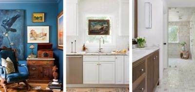 Left image: Corner of eclectic design room with bold blue walls, antique upholstered chair, tabletop record player and unique art and accessories. Center image: Kitchen sink with white cabinetry, light countertops, and framed art handing in window. Right image: Spa-like bathroom with white walls, wooden vanity, and walk-in shower tiled in soft colors.