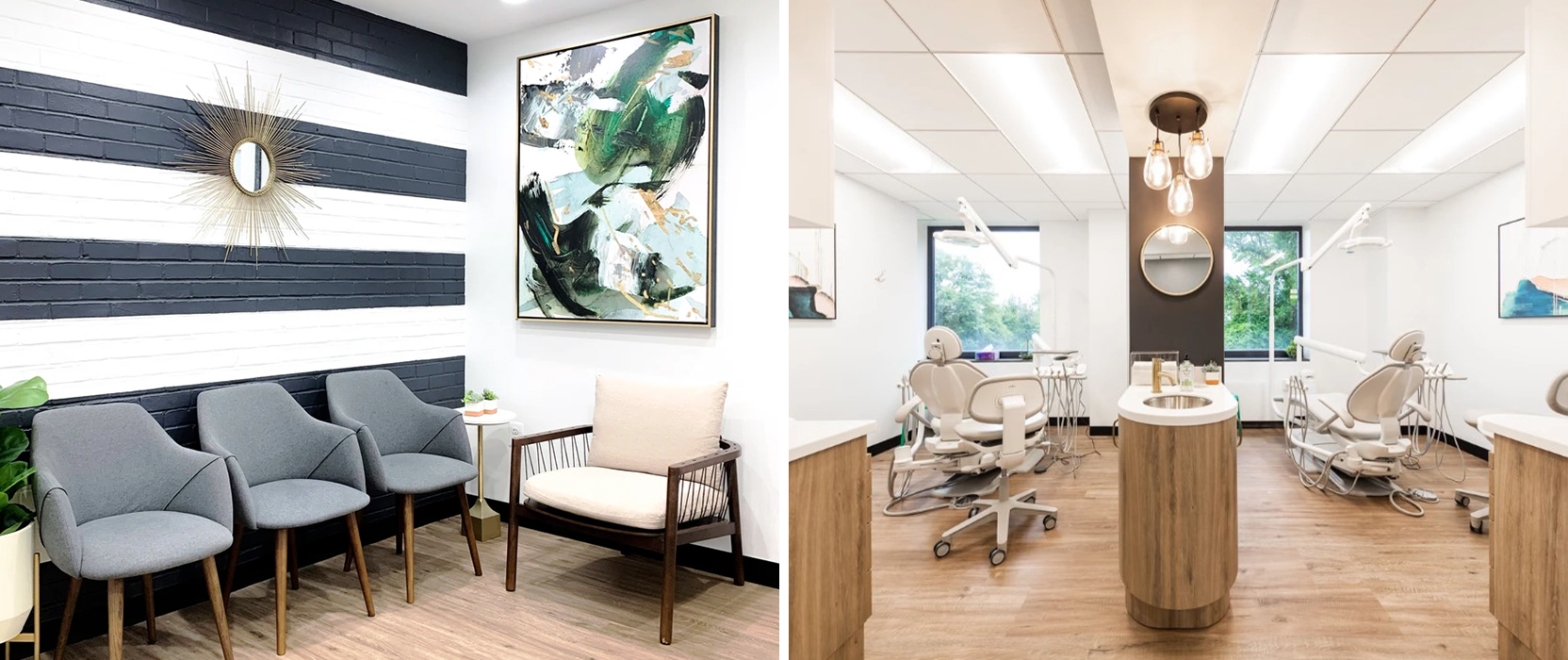 Left image: Waiting area with modern chairs and horizontal stripe painted brick accent wall. Right image: Two exam chairs in a modern dental office with neutral color scheme.