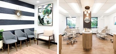 Left image: waiting area with modern chairs and horizontal stripe painted brick accent wall. Right image: Two exam chairs in a modern dental office with neutral color scheme.
