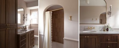 Modern bathroom with dark wooden vanity, archway shower, and gold fixtures in Unfussy Beige by Sherwin-Williams.