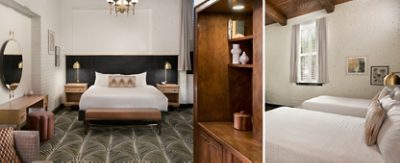 Hotel room with a large bed, elegant furnishings, and decorative elements with a two-toned focal wall painted Greek Villa and Greenblack.