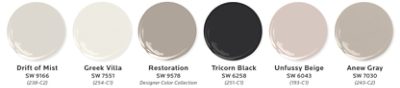 Graphic of six paint dollops featuring the top interior quiet luxury paint colors: Drift of Mist, Greek Villa, Restoration, Tricorn Black, Unfussy Beige, and Anew Gray.