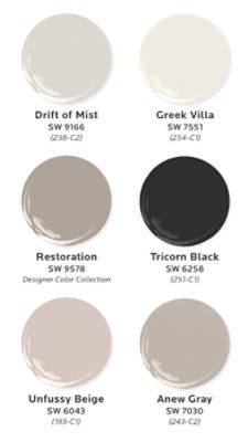 Graphic of six paint dollops featuring the top interior quiet luxury paint colors: Drift of Mist, Greek Villa, Restoration, Tricorn Black, Unfussy Beige, and Anew Gray.
