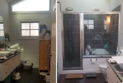 Image of two bathrooms before a transformative remodel.