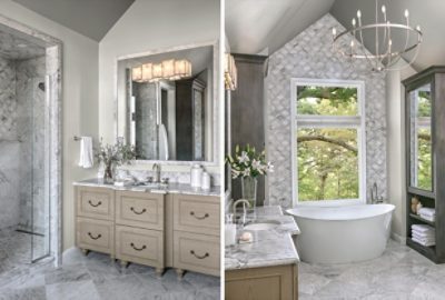 (left) very bright bathroom with neutral vanity (right) large bathtub in front of a window.