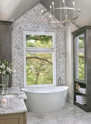 large bathtub in front of a window.