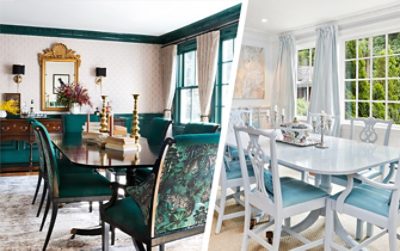 (left) dining room with darker colored furniture and patterned wallpaper (right) white dining room furniture and walls paired with some blue and neutral accents.