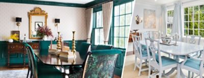 (left) dining room with darker colored furniture and patterned wallpaper (right) white dining room furniture and walls paired with some blue and neutral accents.
