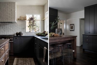 dark green cabinets with white brick walls and wooden bartop/stools.