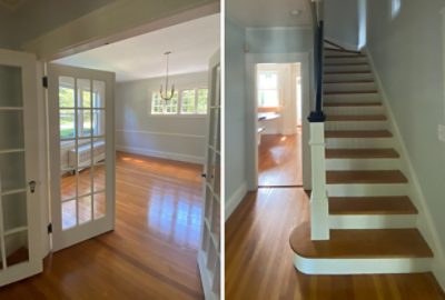 before photo of a dining room and wooden staircase.