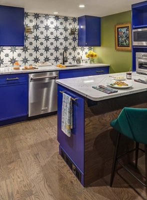 Image of bright blue cabinets and stainless steel appliances in a modern kitchen.