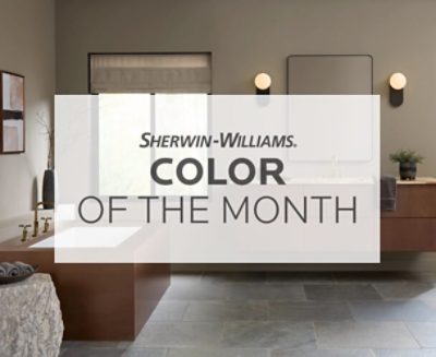 Sherwin Williams December Color of the Month shown in a bathroom with the walls painted in Studio Clay SW 9172.