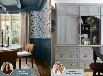 Split image of a dining room with bird-patterned wallpaper and kitchen with light blue cabinets and gold hardware.