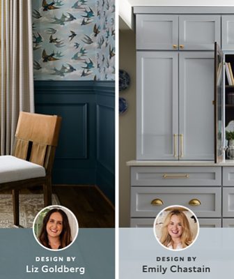 Split image of a dining room with bird-patterned wallpaper and kitchen with light blue cabinets and gold hardware.