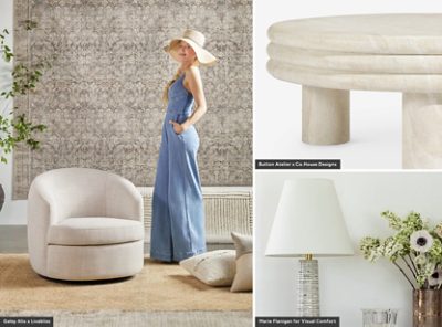 Collage showing Galey Alix in a blue jumpsuit next to a beige chair, a round off-white table, and a lamp with flowers.