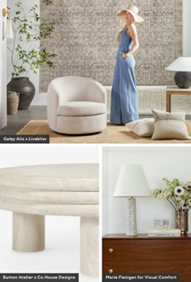 Collage showing Galey Alix in a blue jumpsuit next to a beige chair, a round off-white table, and a lamp with flowers.