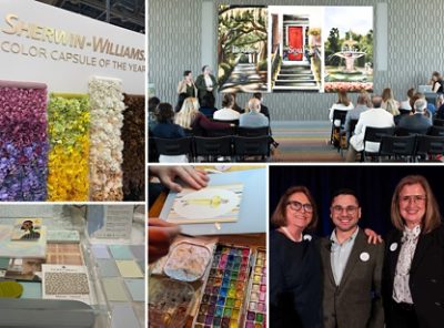 A collage featuring a Sherwin-Williams trade show booth, a presentation of the SCADpro palettes, an art workstation, and a group portrait. 