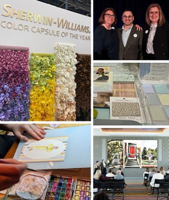 A collage featuring a Sherwin-Williams trade show booth, a presentation of the SCADpro palettes, an art workstation, and a group portrait. 