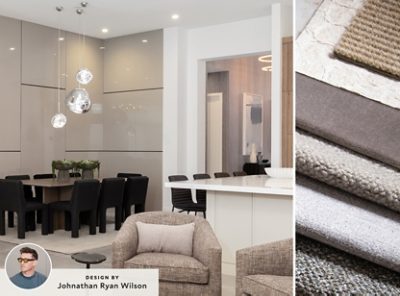 Modern interior featuring dining and lounge area alongside a closeup image of fabric swatches.