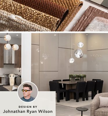 Modern interior featuring dining and lounge area alongside a closeup image of fabric swatches.