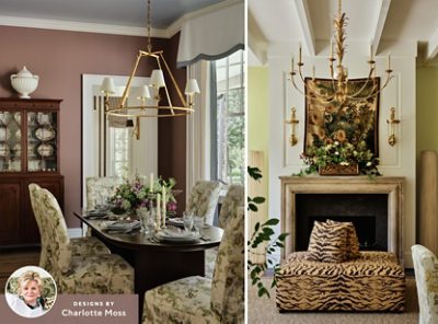 Interior images of the Southern Living Idea House featuring a Dutch Cocoa–painted dining room and a living area with a fireplace, statement furnishings, and Chartreuse walls.